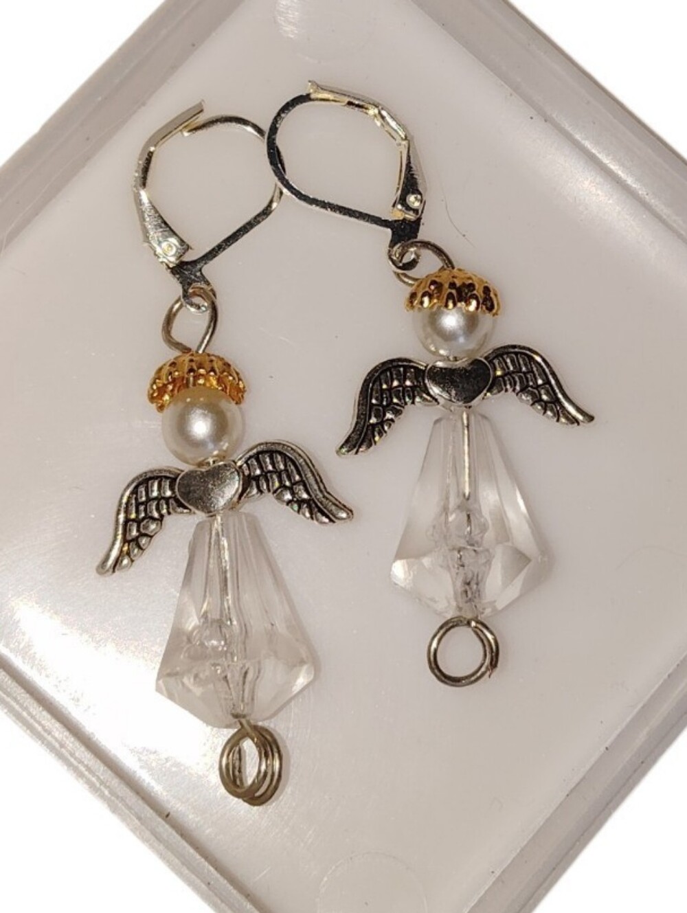Handmade Little Angel Dangle Earrings Silvertone With Golden Halo Wire Pierced